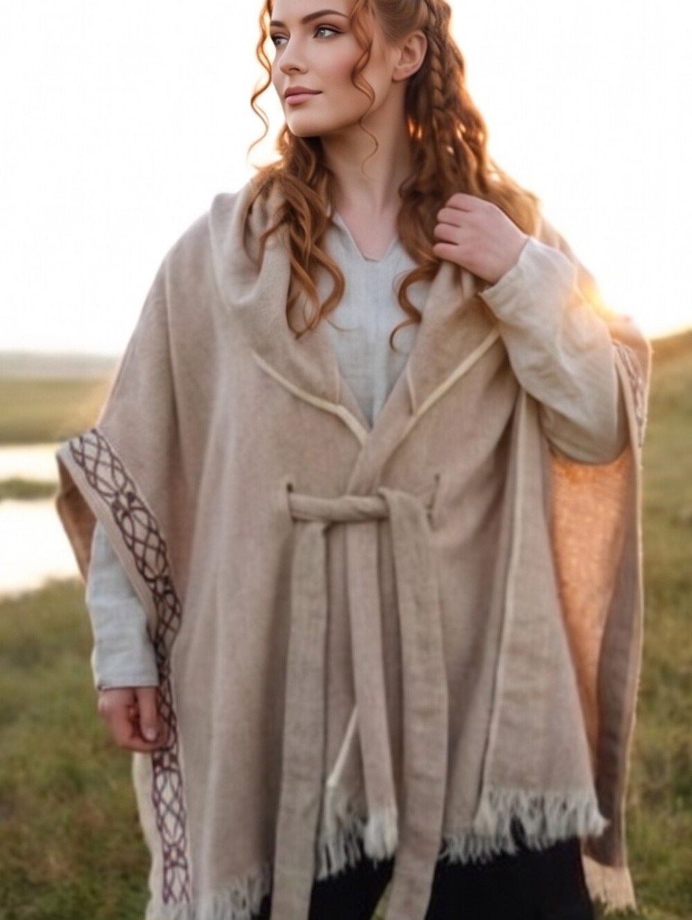 Beige Fringe Tie-Waist Poncho Sweater Celtic Fusion